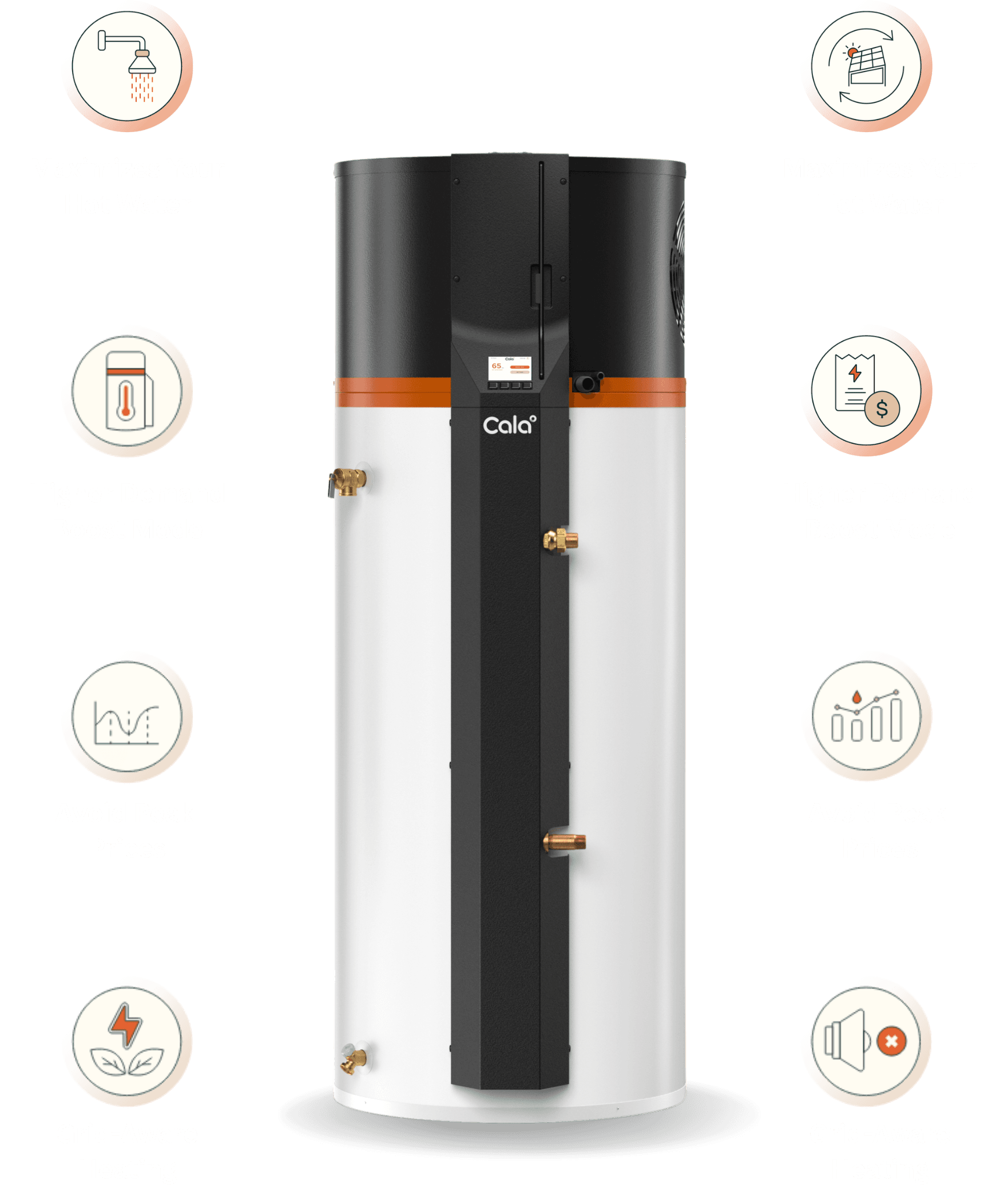The Cala heat pump water heater, with its features: maximizes your hot water, higher demand boost mode, avoids peak prices, and grid-aware heating.